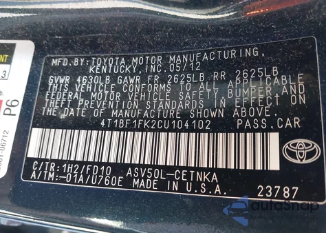 2012 Toyota Camry Le z USA, uszkodzony, nr VIN 4T1BF1FK2CU104102